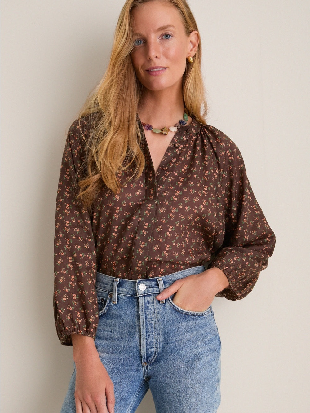 Tuckernuck Brown Floral V-Neck Button Blouse S